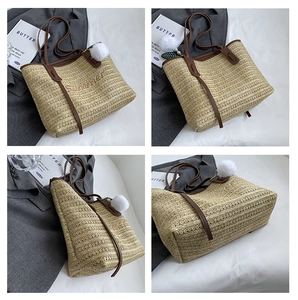Detailed four-way view of beige straw tote bag with Summer embroidery and leather straps