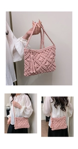 Macro detail of pink hand-woven texture and tassel charms on the shoulder bag