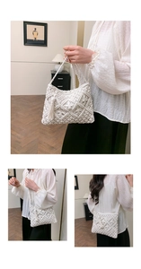 Close-up of beige macrame woven shoulder bag featuring diamond textures and tassel details