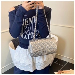 Close-up of silver quilted leather handbag with metallic finish and chain strap details