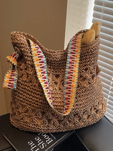 Borsa a Spalla in Paglia Intrecciata a Mano Boemia Borsa Tote Floreale Traforata Con Tracolla Ricamata Colorata Donna Mare