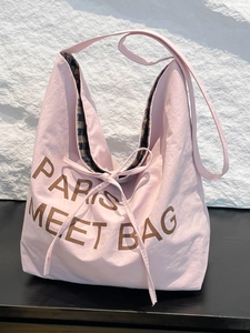 Women Large Capacity Fabric Tote Bag Casual Letter Print Shoulder Bag With Bow Tied Drawstring For Daily Commute Work