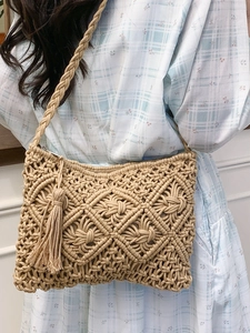 Handmade woven cotton rope crossbody bag with tassels and braided strap for women