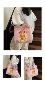Detail of light pink tote bag featuring cute cartoon bear embroidery and drawstring closure