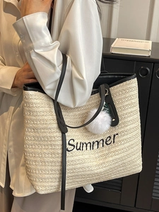 Chic cream straw tote bag with black leather trim and Summer embroidery for women