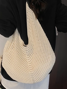 White crochet woven shoulder tote bag with hollow knit texture for women fashion