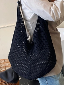 Large capacity black crochet woven hobo shoulder bag with minimalist mesh design for women