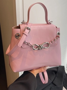 Women Minimalist PU Leather Shoulder Bag With Silver Bow Knot Chain Decorative Small Square Handbag For Daily Casual Work