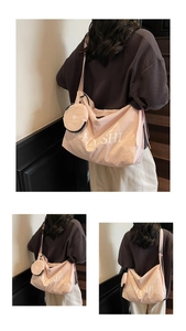 Detail view of pink nylon crossbody bag with DAIXISHI logo and a round coin pouch