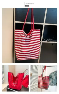 Détails du sac fourre-tout en toile rayée avec broderie de chien et poignées solides