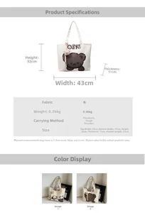 Detailed size chart for the canvas tote bag showing bear print and dimensions