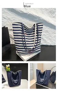 Détails de cabas en toile à rayures et bleus avec broderies et lettrage minimaliste