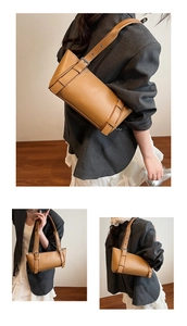 Trois vues d'un sac sous le bras en cuir caramel avec détails de boucles