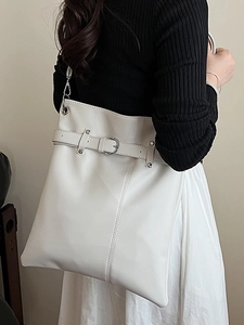 White pleated bucket bag with large capacity and decorative belt buckle for women
