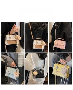 Detail shots of colorful star-decorated crossbody bags with plush bear pendants