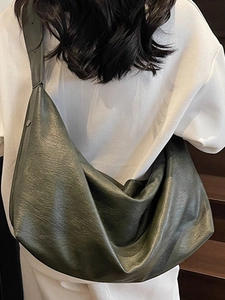 Minimalist olive green oil wax leather hobo shoulder bag for women with large capacity