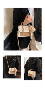 Detail of crossbody bag featuring star buckle, wavy flap, and plush bear charm