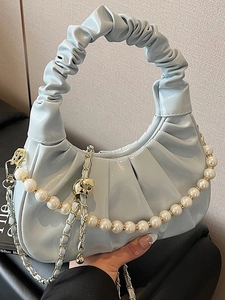Women Pleated Ruched Underarm Bag PU Leather Cloud Hobo Bag With Artificial Pearl Decoration Metal Chain Strap Fashion Shoulder Bag