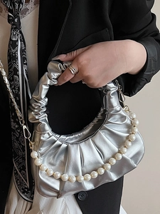 Silver metallic cloud bag with pearl handle and long chain strap for women fashion