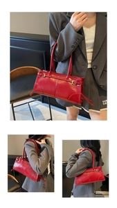 Detailed views of a red rectangle shoulder bag with gold buckles and minimalist design