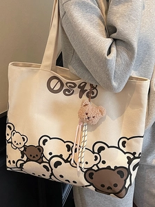 Cute canvas tote bag with bear print and plush charm for student commute 2025