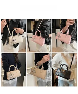 Collage of model wearing vintage baguette bags in cream, pink, khaki, and black colors