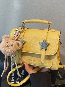 Women Litchi Texture PU Leather Shoulder Bag Star Decor Small Square Crossbody Bag With Plush Bear Pendant Handbag