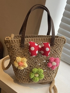 Women Cute Flower Crochet Woven Shoulder Bag Fresh Polka Dot Bowknot Handbag Vacation Beach Crossbody Small Tote Bag