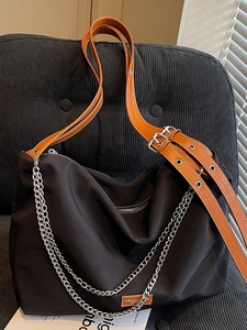 Minimalist Large Capacity Black Fabric Shoulder Tote Bag With Leather Strap Silver Chain Decoration Urban Casual Women Handbag