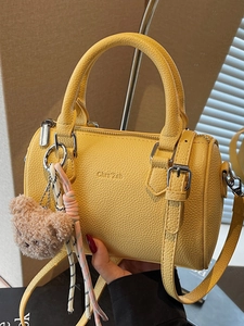 Women Pebbled PU Leather Boston Bag Cylindrical Shoulder Handbag With Detachable Strap And Bear Pendant Trendy Summer Purse