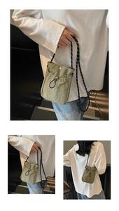 Detailed views of olive green nylon crossbody bag with drawstring closure and woven strap