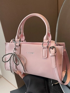 Women PU Leather Shoulder Bag Urban Minimalist Bow Bead Charm Handbag Solid Color Versatile Commuter Crossbody Tote Bag