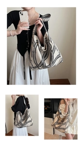 Three-way view of printed canvas tote bag styled with casual outfits for daily fashion