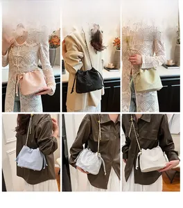 Collage of fashion drawstring bucket bags in six colors with gold chain straps