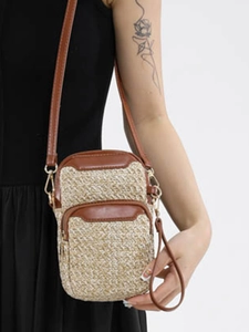 Woven small square crossbody phone bag with brown trim and wide adjustable strap