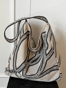 Women Large Capacity Canvas Tote Bag Casual Shoulder Bag Vintage Geometric Chain Print Commuter Hobo Handbag