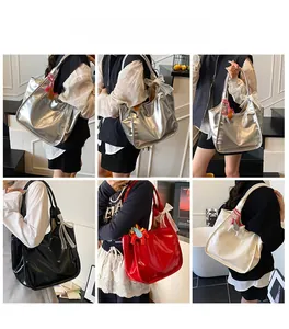 Detail shots of large oil wax leather tote bags in various colors with horse charms