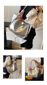 Detailed views of a silver metallic tote bag with pink horse charm and white ribbon bow