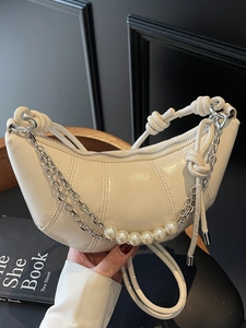 Women Fashion Glossy PU Leather Croissant Shoulder Bag Artificial Pearl Chain Decor Half Moon Crossbody Bag With Knot Strap Handbag