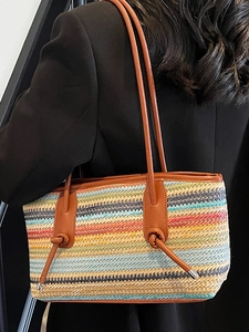 Bohemian colorful woven straw tote bag with brown leather straps for women fashion