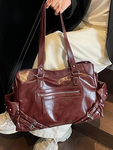Retro burgundy large capacity faux leather tote bag with stylish motorcycle buckle details