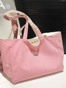 Sac Fourre-tout en Toile à Rayures Grande Capacité pour Femmes Lettre Brodée Recto Verso Sac à Bandoulière Main Décontracté Polyvalent