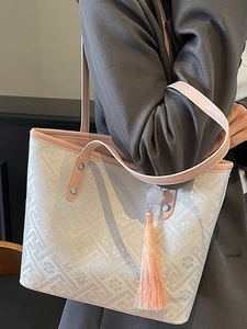 Borsa tote chic color crema con motivo jacquard e cinturini in pelle rosa per ufficio