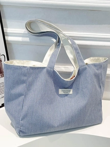 Sac cabas en toile à rayures bleues et blanches avec broderie rouge et grande capacité