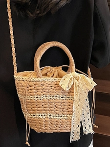 French style woven straw beach bag with lace bow and drawstring closure for women