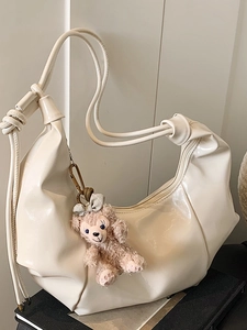 Korean Style Large Capacity PU Leather Shoulder Bag For Women Retro Simple Solid Color Tote Bag With Bear Pendant Underarm Bag