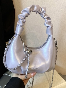 Chic lavender metallic pleated dumpling bag with cloud handle and silver chain strap
