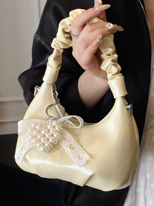 Chic beige pleated hobo bag with fashion text and heart pearl charm for women