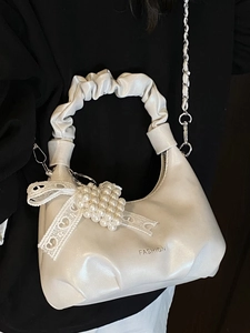 White ruched cloud bag with lace bow and pearl charm for casual summer fashion