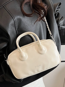 Chic cream white PU leather baseball handbag with silver chain strap for women